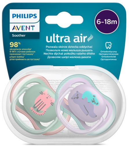 Schnuller Ultra Air Tiere Pastellfarben 6 bis 18 Monate 2 Einheiten